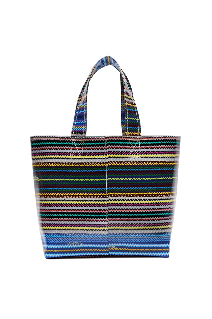 Multicolored striped tote bag on a white background