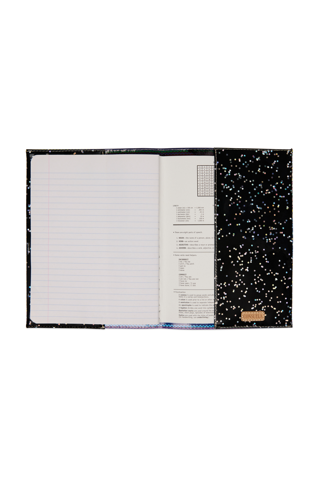 Open notebook with black splatter design on a white background