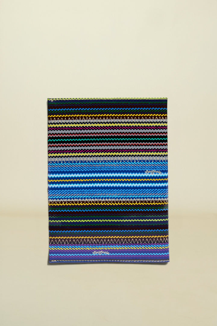 Multicolored striped towel with a brand logo on a white background