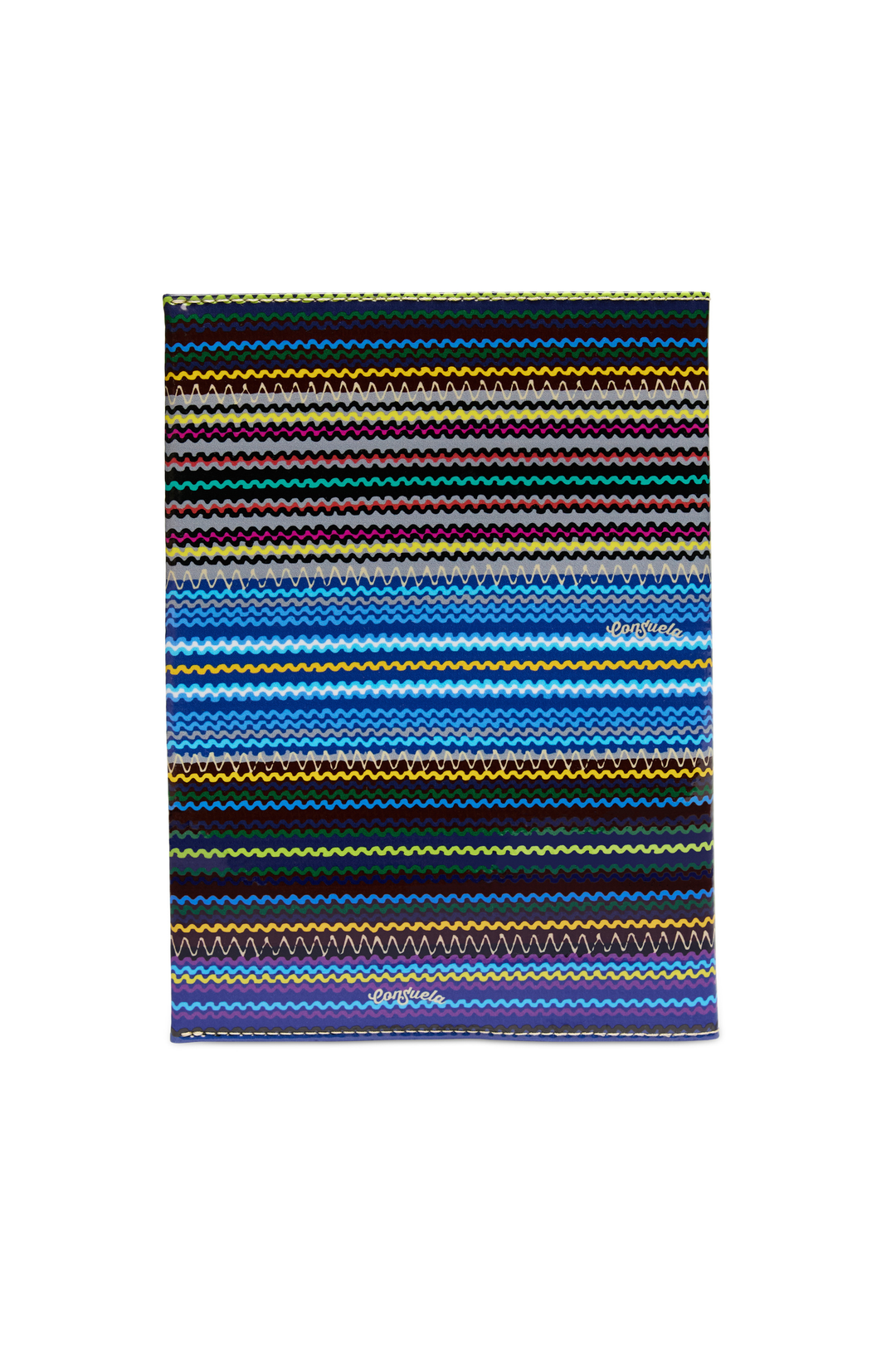 Multicolored striped towel with a brand logo on a white background