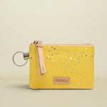 Yellow pouch with floral pattern and keychain on a white background