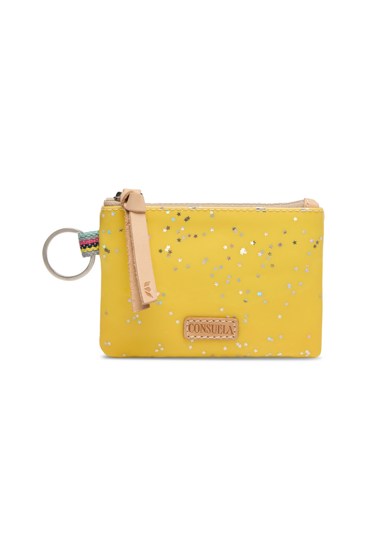 Yellow pouch with floral pattern and keychain on a white background