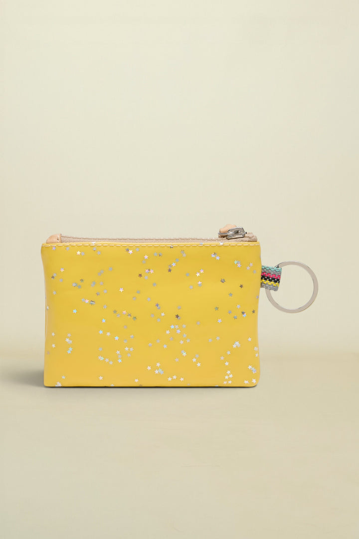 Yellow glittery pouch with a keyring on a white background