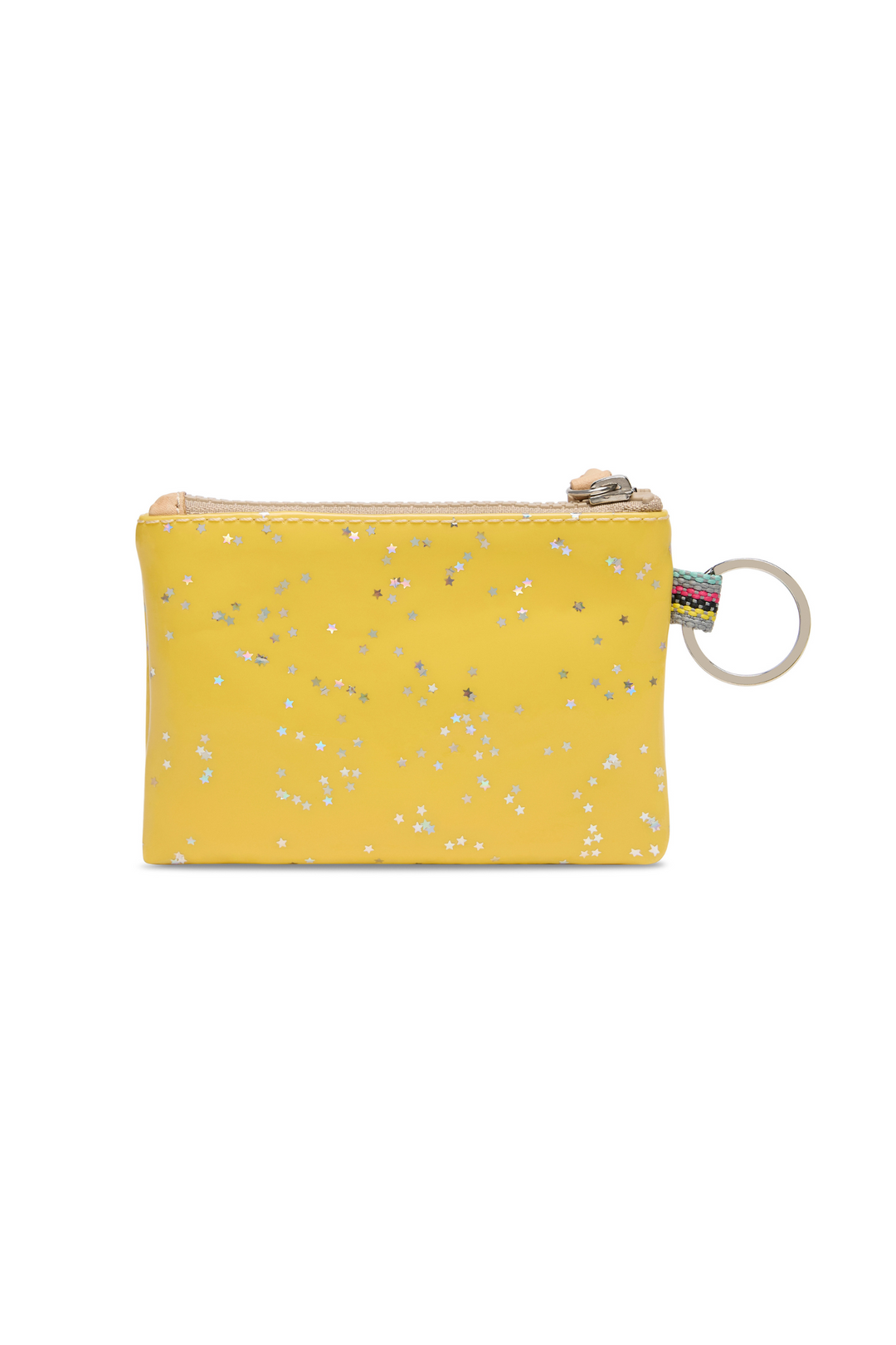 Yellow glittery pouch with a keyring on a white background