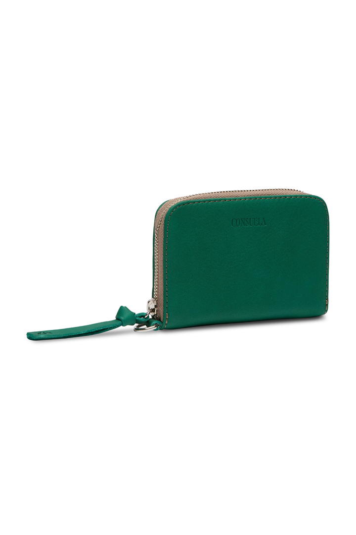 Green wallet with a strap on a white background