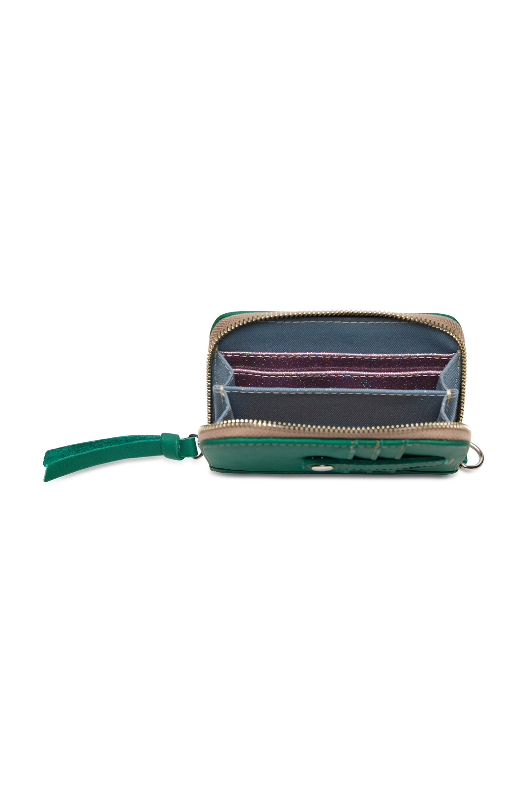 Small zippered pouch with a colorful interior on a white background