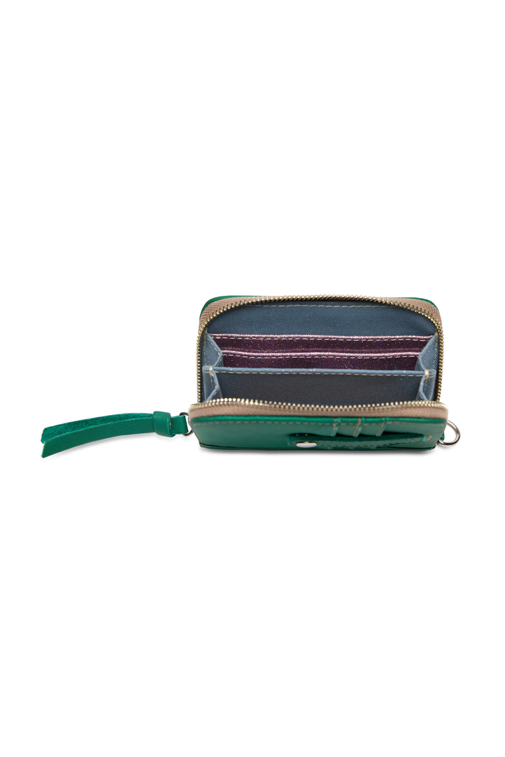 Small zippered pouch with a colorful interior on a white background