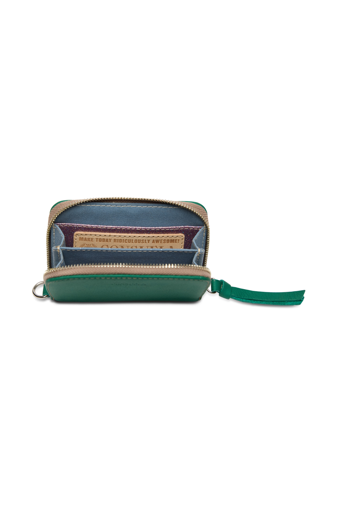 Green wallet with a zipper on a white background