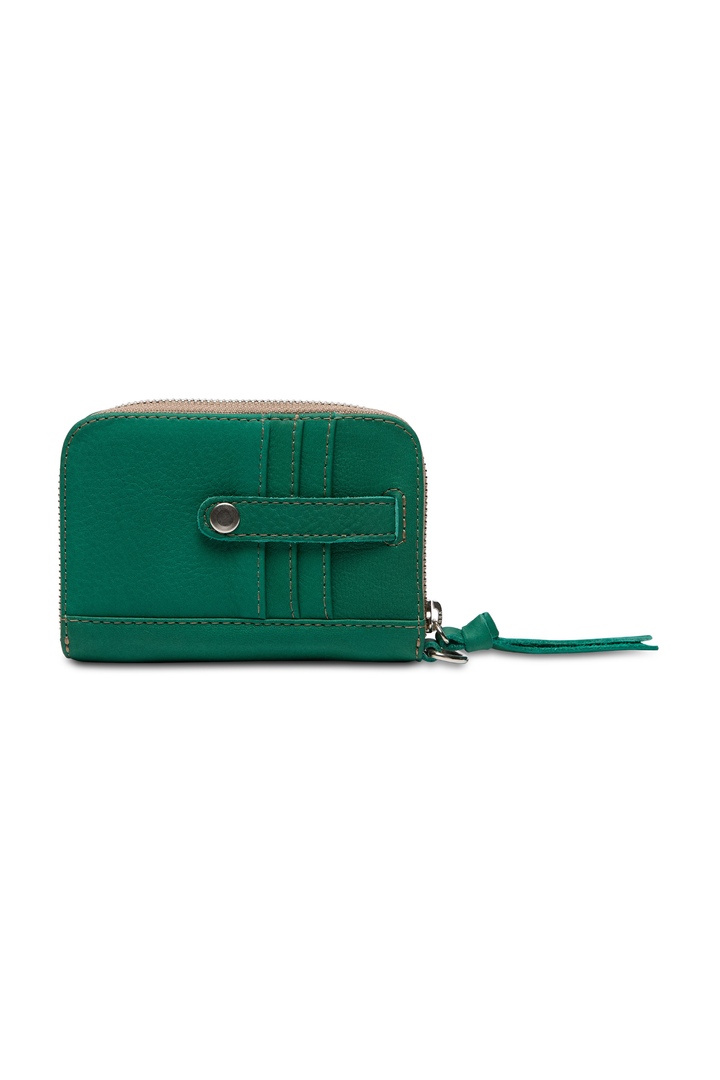 Green wallet with a zipper on a white background