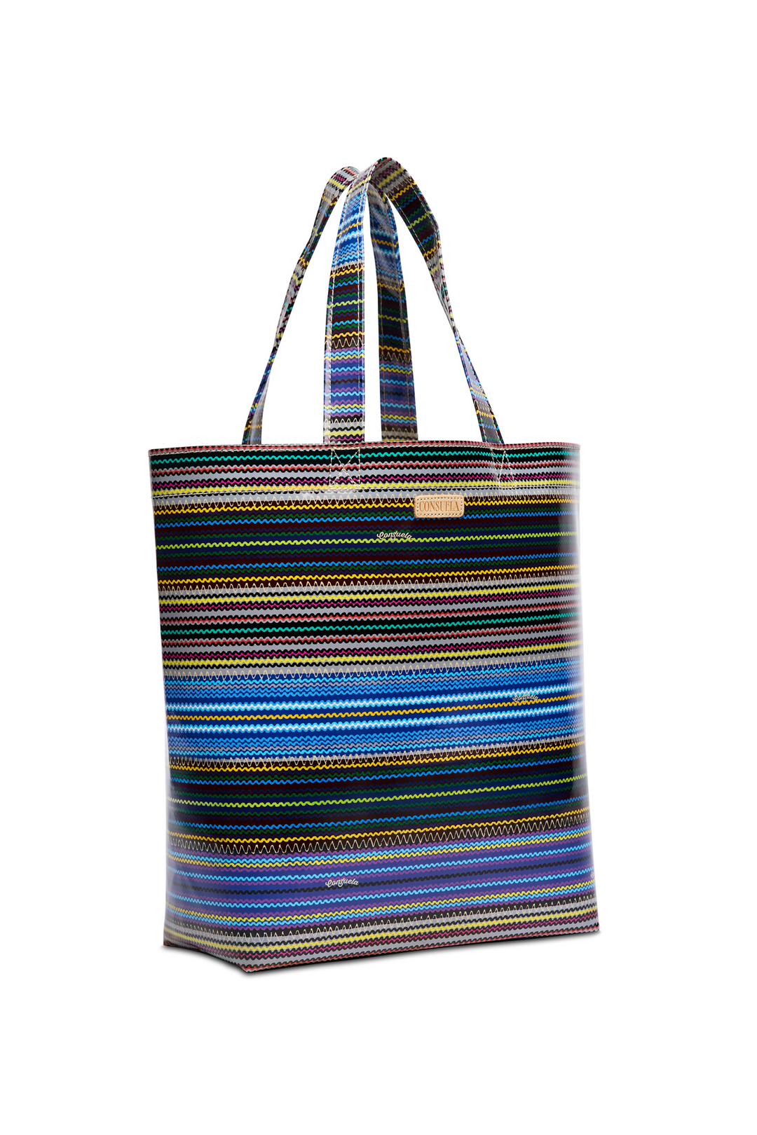Multicolored striped tote bag on a white background