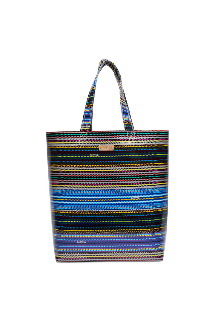 Multicolored striped tote bag on a white background
