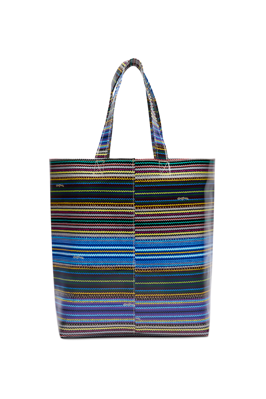 Multicolored striped tote bag on a white background