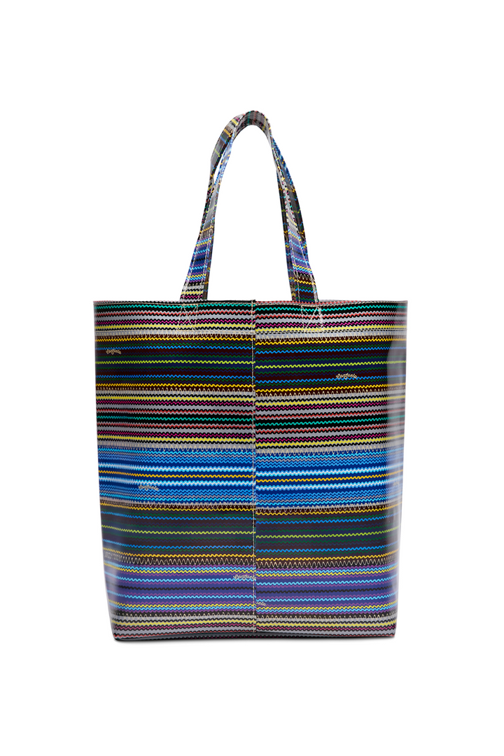 Multicolored striped tote bag on a white background