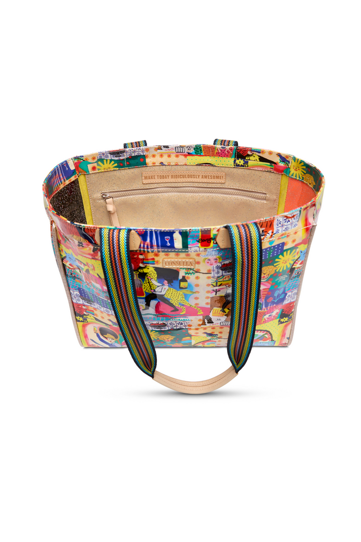 Multicolored tote bag with a patterned design on a white background