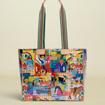 Colorful tote bag with a pattern of people and animals on a white background