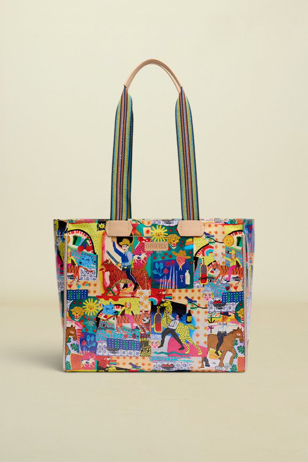 Colorful tote bag with a pattern of people and animals on a white background