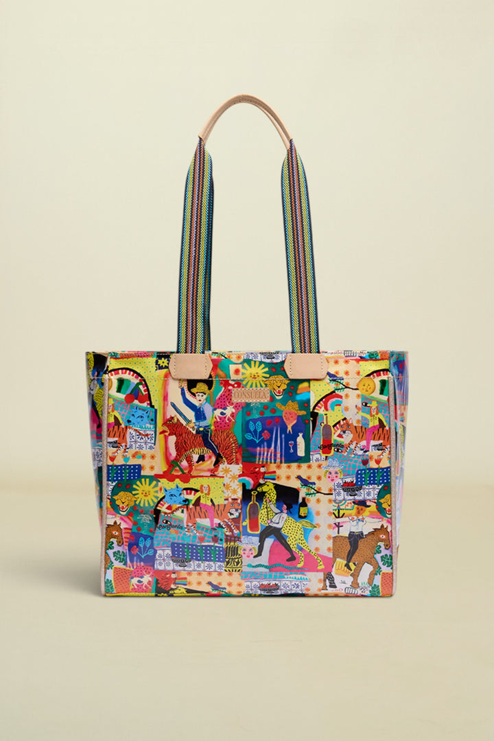 Colorful tote bag with a pattern of people and animals on a white background