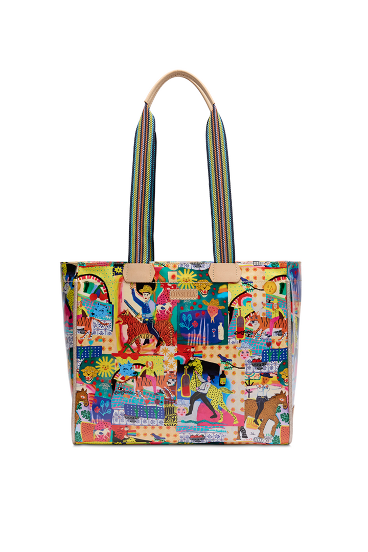 Colorful tote bag with a pattern of people and animals on a white background