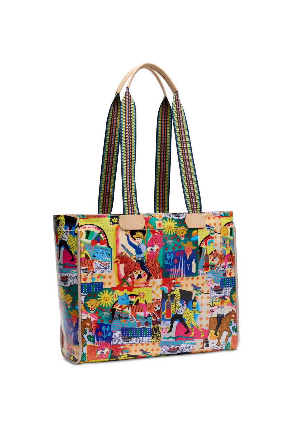 Colorful tote bag with a pattern of people and animals on a white background