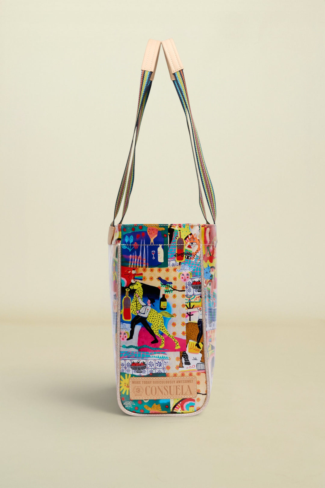 Colorful bag with a pattern of people dancing on a white background