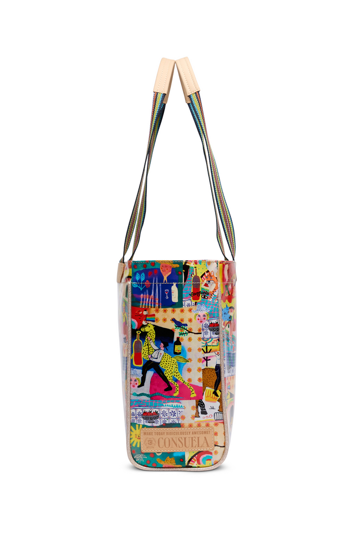 Colorful bag with a pattern of people dancing on a white background