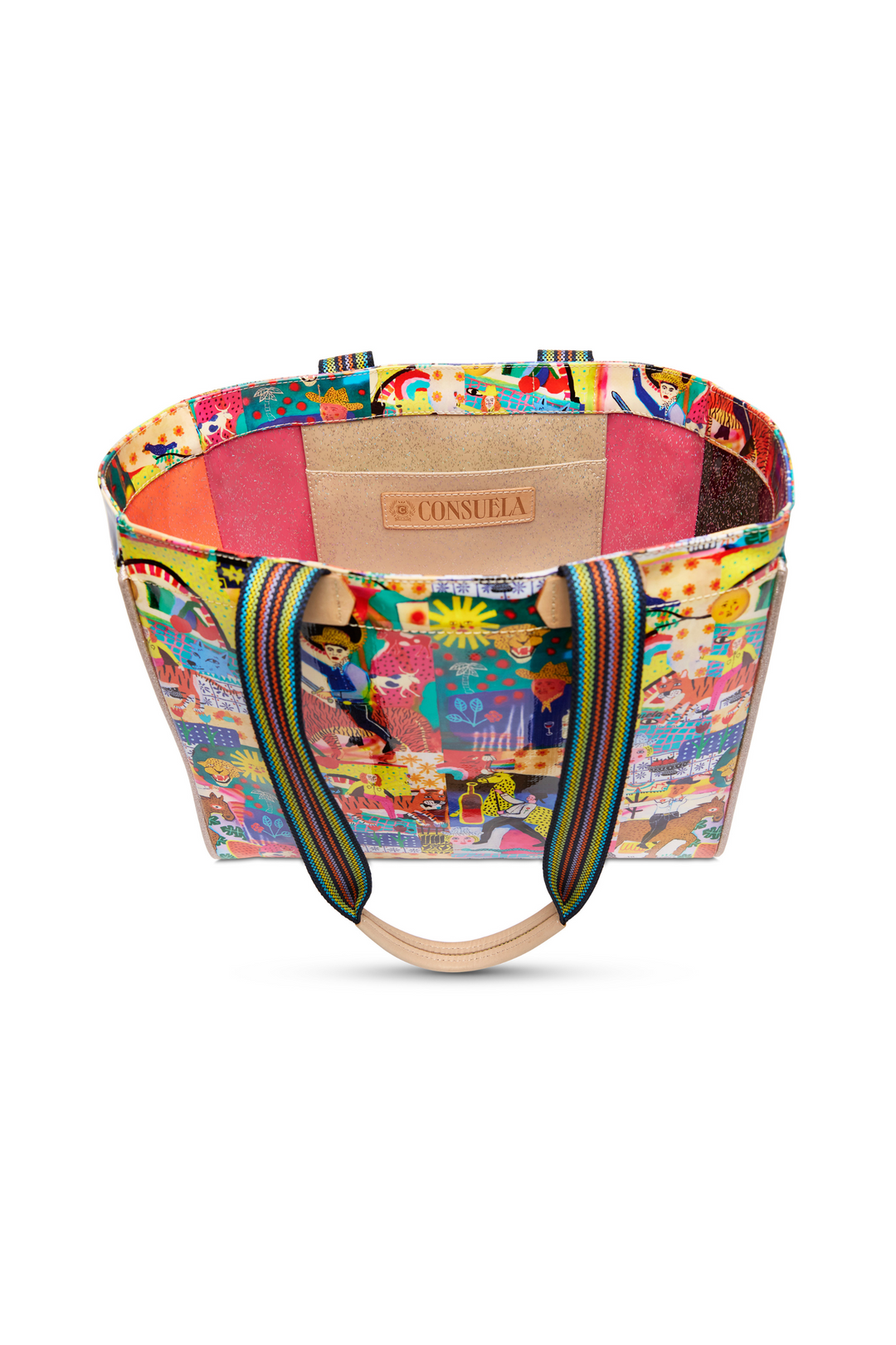 Colorful handbag with a patterned design on a white background