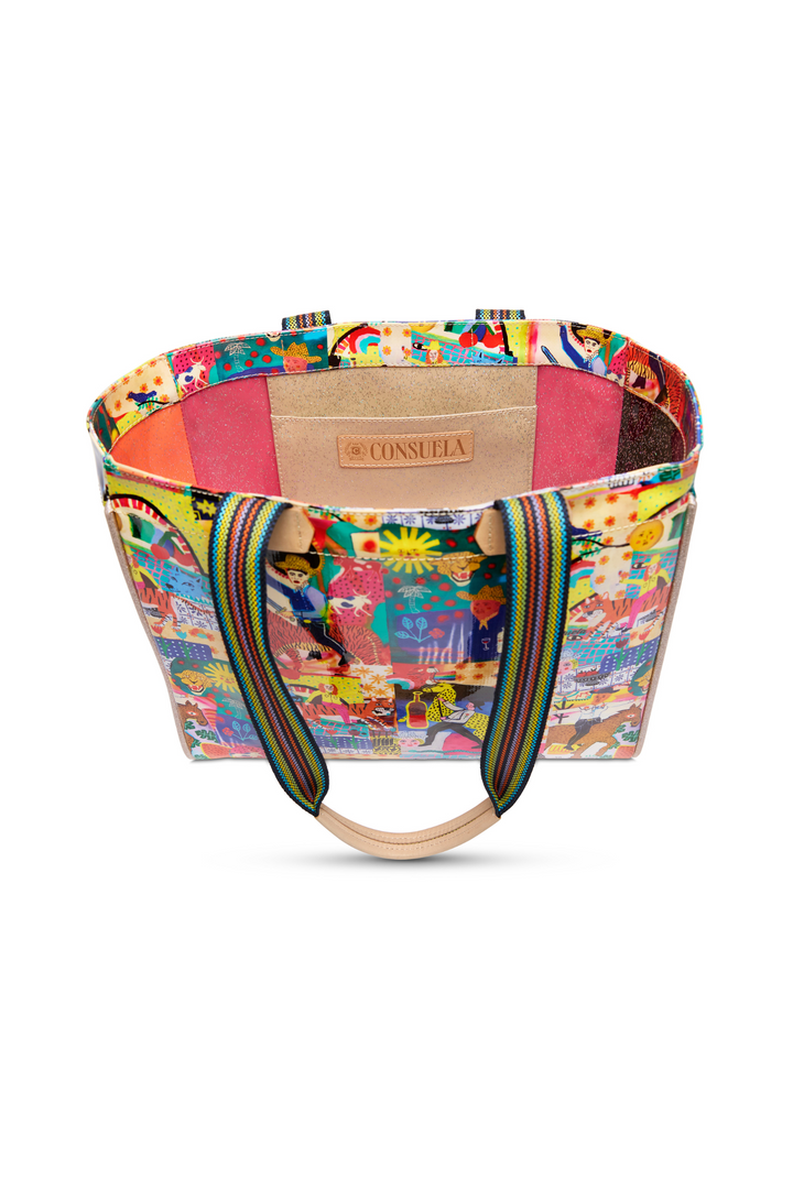 Colorful handbag with a patterned design on a white background