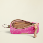 Point of Origin Consuela Berry Pouch in bright pink with star print, leather pull, and interior card slot.
