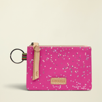 Point of Origin Consuela Berry Pouch in bright pink with silver star print, leather zipper pull, and metal keyring.