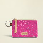 Point of Origin Consuela Berry Pouch in bright pink with silver star print, leather pull, and attached metal keyring.