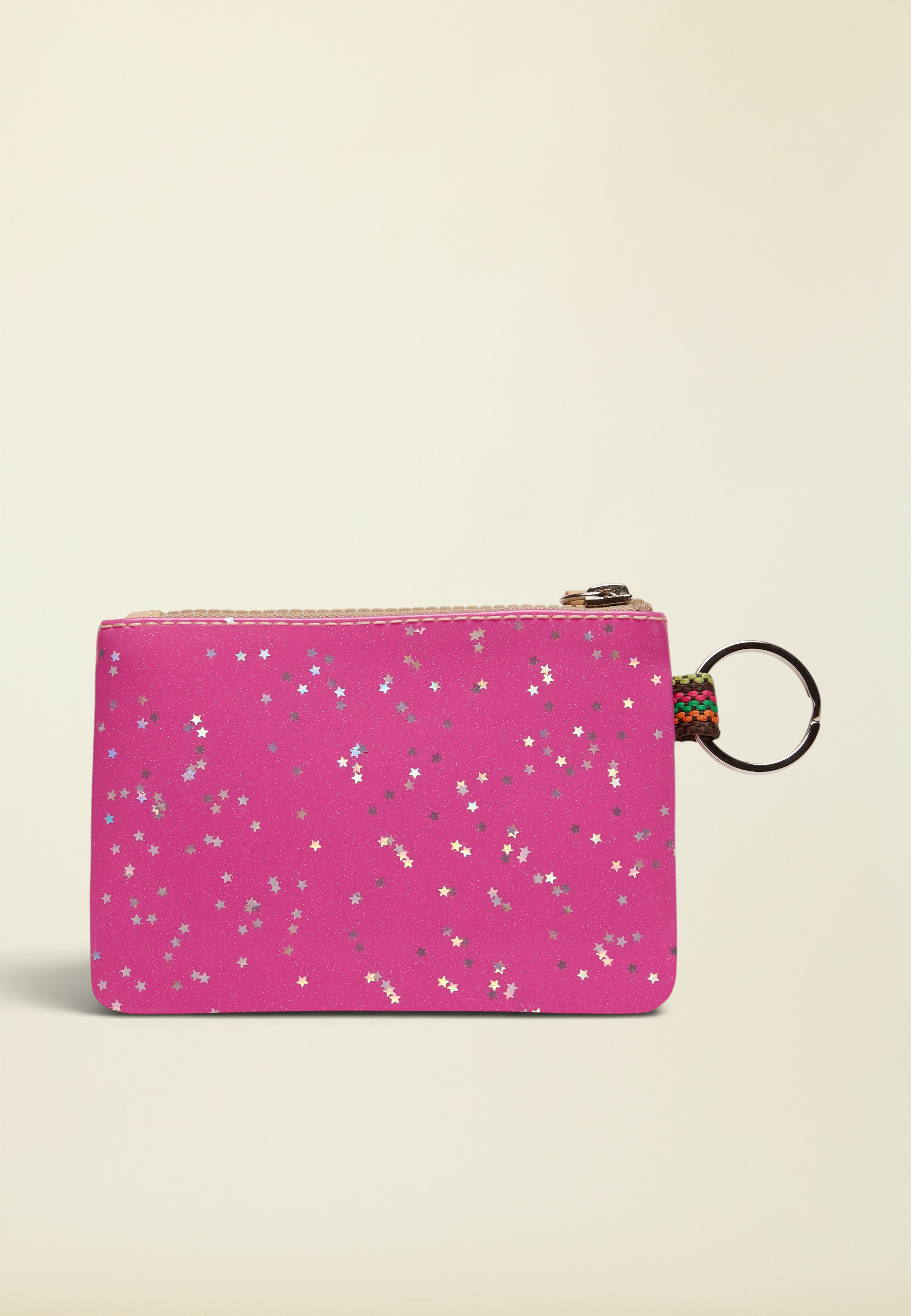 Point of Origin Consuela Berry Pouch in bright pink with silver star print, featuring a metal keyring attachment.