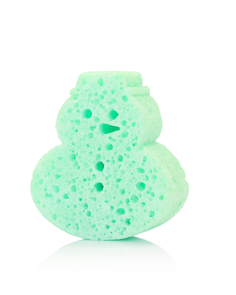 Green snowman-shaped sponge on a white background