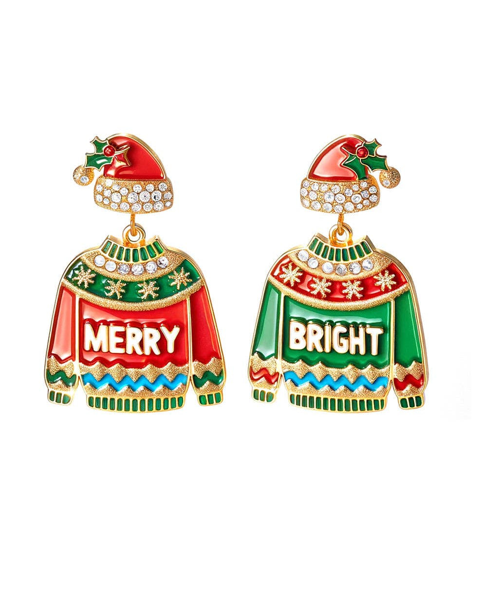 Christmas-themed earrings with 'Merry' and 'Bright' text on a white background