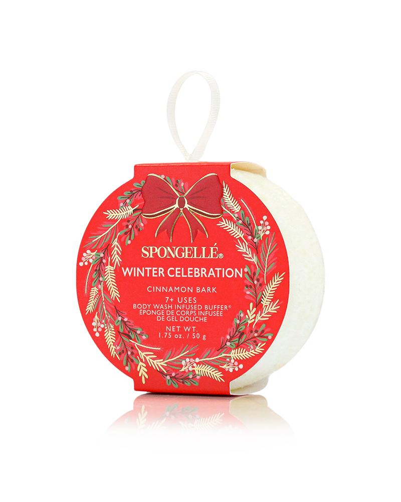 Spongellé Winter Celebration product with red packaging and white body wash on a white background