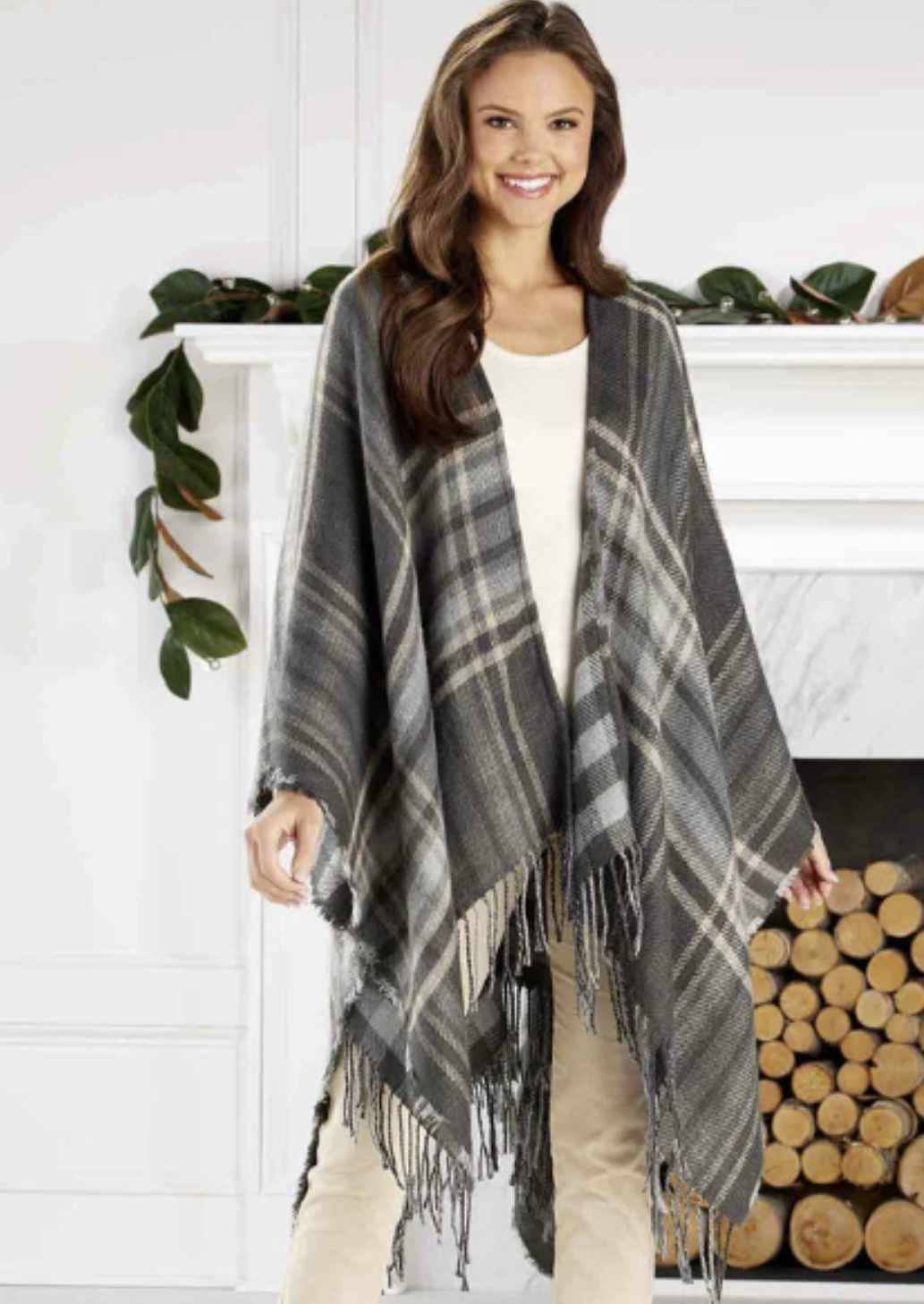 Yvette Reversible Poncho Dark Grey Plaid