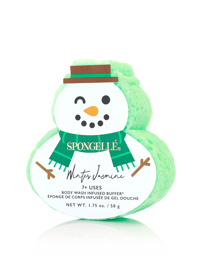 Snowman-shaped body wash buffer with green scarf and brown hat on a white background