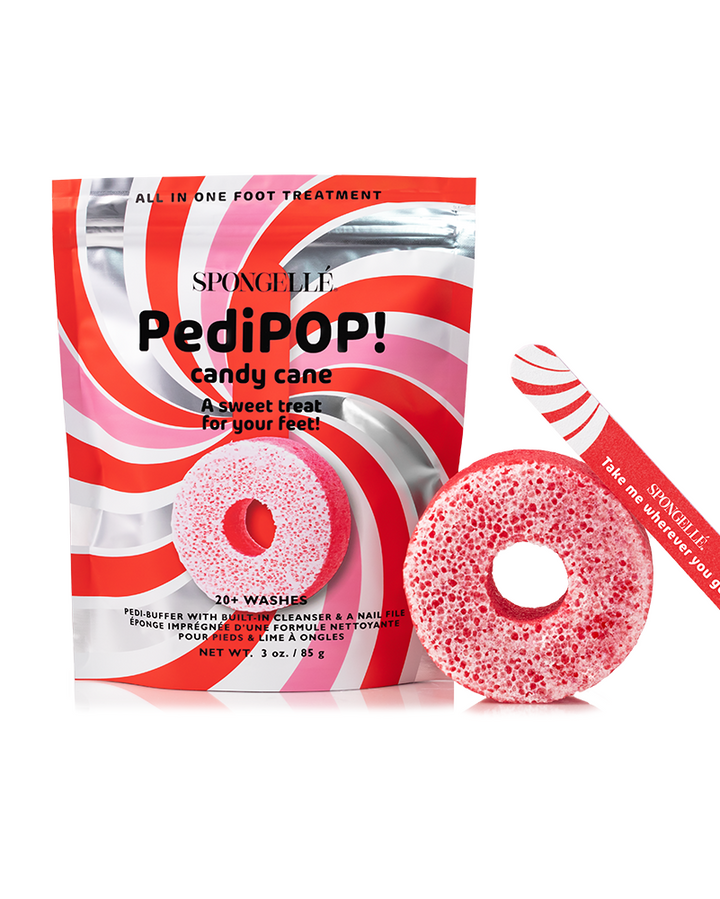 PediPOP! candy cane foot treatment package with a pink and red donut-shaped product on a white background