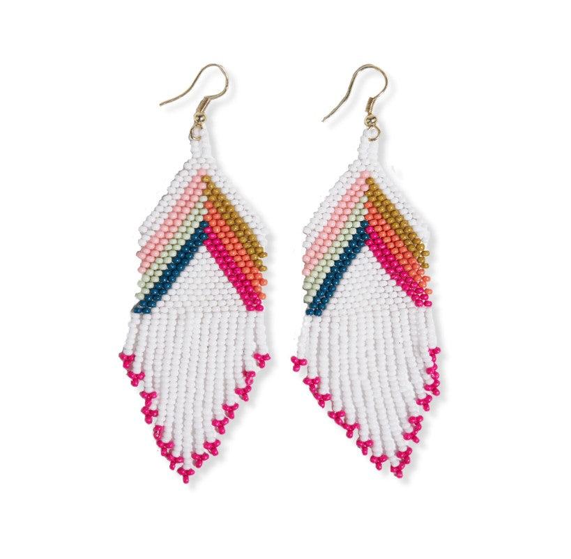 Elise Chevron with Stripes Beaded Fringe Earrings White Rainbow