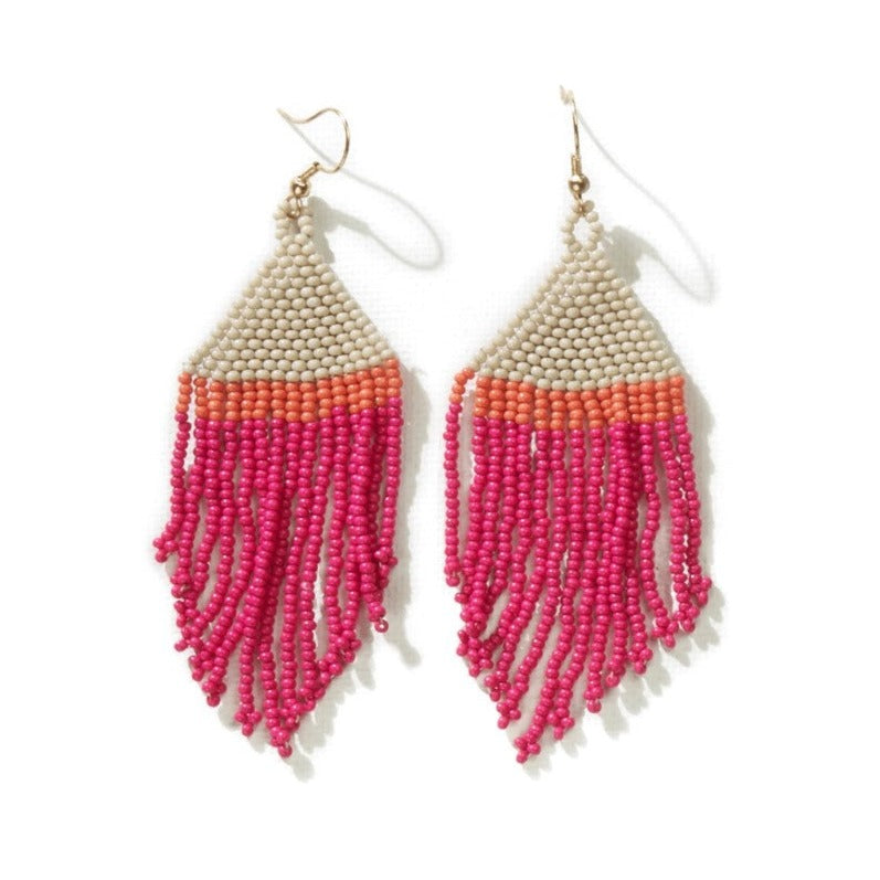 Erin Color Block Stripe Beaded Fringe Earrings Hot Pink