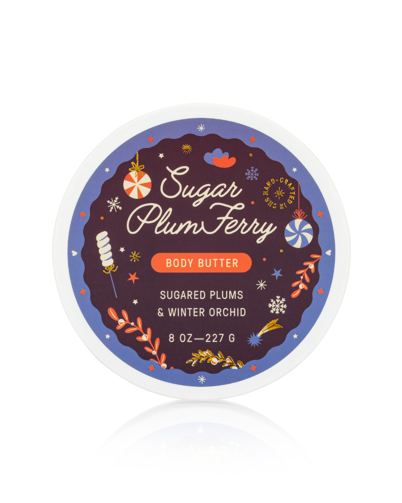 Body butter container with 'Sugar Plum Ferry' branding on a white background
