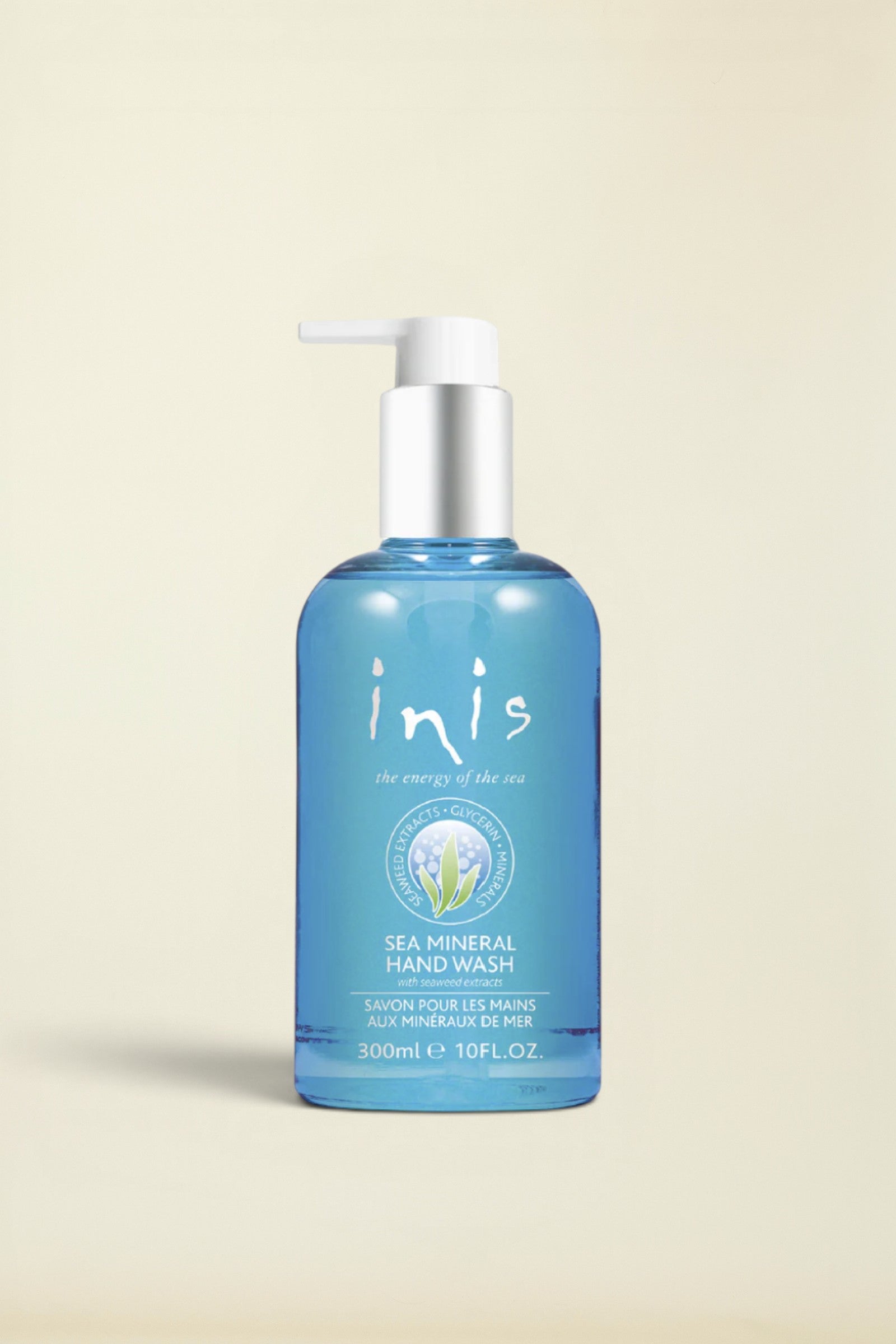 A 300ml bottle of Inis Sea Mineral Hand Wash with a blue body, silver pump, and white label, set against a plain white background.