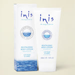 Inis Revitalising Body Lotion 200ml tube and matching outer box, featuring a white design with blue text and ocean wave graphics at the bottom.