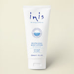 A white squeeze tube of Inis Revitalising Body Lotion with blue text and logo details, set against a clean white background with a soft shadow.