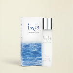 Inis Cologne Spray bottle and its packaging box, featuring a white and blue ocean wave design with a silver cap.