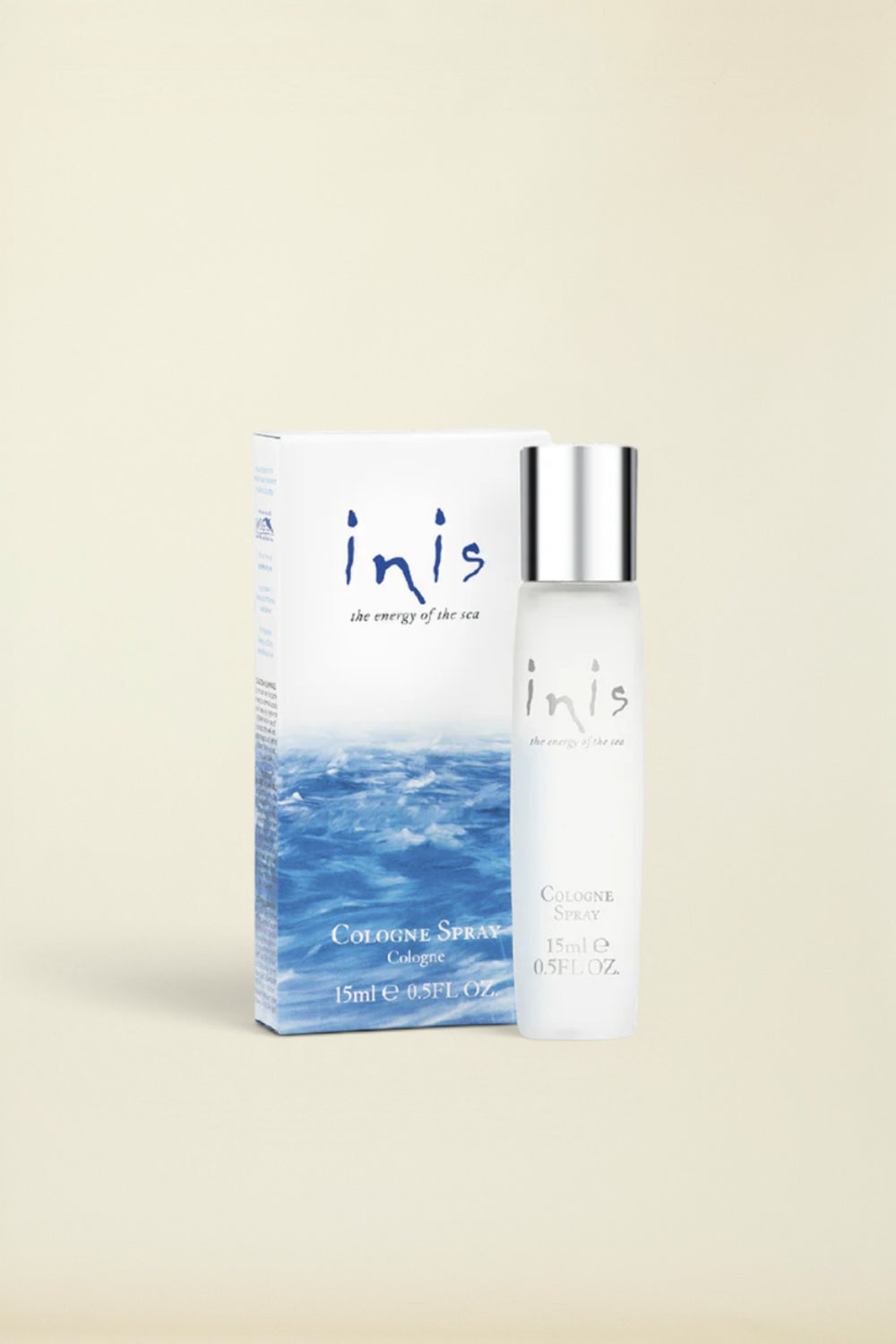 Inis Cologne Spray bottle and its packaging box, featuring a white and blue ocean wave design with a silver cap.