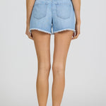 Light blue denim shorts worn by a person on a white background