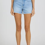 Light blue denim shorts worn by a person on a white background