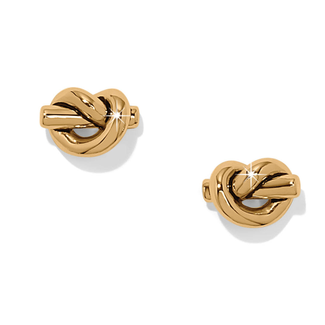 Gold knot-shaped earrings on a white background