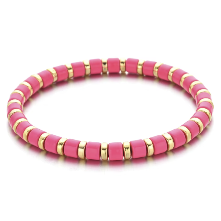 A black and gold colored bracelet with a simple pattern, made of enamel and gold-tone beads.