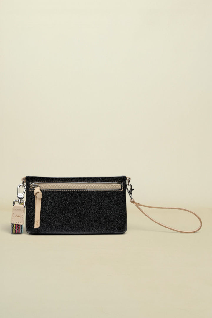 Black wristlet with a strap on a white background